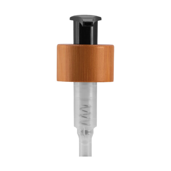 A Válvula Pump Preta Bamboo 28/410 traz um design sofisticado com madeira de bambu verdadeira, ideal para cosméticos e produtos ecológicos.