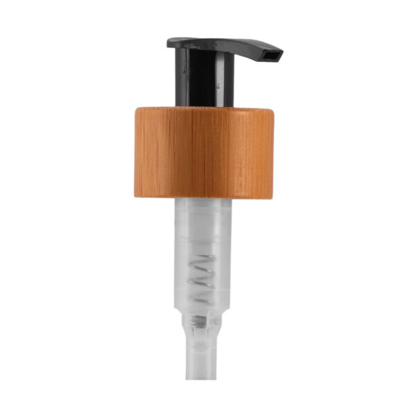 A Válvula Pump Preta Bamboo 28/410 traz um design sofisticado com madeira de bambu verdadeira, ideal para cosméticos e produtos ecológicos.