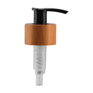 A Válvula Pump Preta Bamboo 28/410 traz um design sofisticado com madeira de bambu verdadeira, ideal para cosméticos e produtos ecológicos.