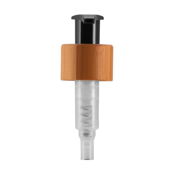 A Válvula Pump Preta Bamboo 20/410 traz um design sofisticado com madeira de bambu verdadeira, ideal para cosméticos e produtos ecológicos.