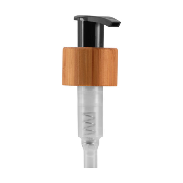 A Válvula Pump Preta Bamboo 20/410 traz um design sofisticado com madeira de bambu verdadeira, ideal para cosméticos e produtos ecológicos.