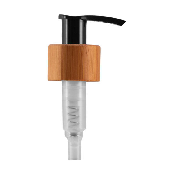 A Válvula Pump Preta Bamboo 20/410 traz um design sofisticado com madeira de bambu verdadeira, ideal para cosméticos e produtos ecológicos.