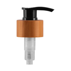 A Válvula Pump Preta Bamboo 28/410 traz um design sofisticado com madeira de bambu verdadeira, ideal para cosméticos e produtos ecológicos.