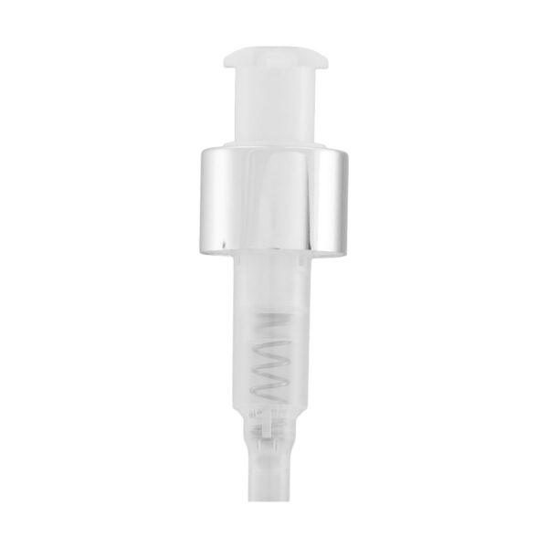 Válvula Pump Natural com Prata Luxo 24/410, perfeita para garantir precisão na dosagem e agregar sofisticação à sua embalagem. Ideal para cosméticos e líquidos.