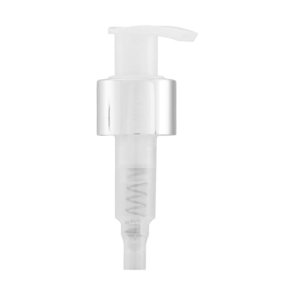 Válvula Pump Natural com Prata Luxo 24/410, perfeita para garantir precisão na dosagem e agregar sofisticação à sua embalagem. Ideal para cosméticos e líquidos.