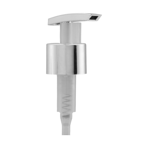 Válvula Pump ABS Prata Super Luxo 28/410 com acabamento metálico em prata, ideal para embalagens de cosméticos, loções e produtos de limpeza, oferecendo alta durabilidade e sofisticação.