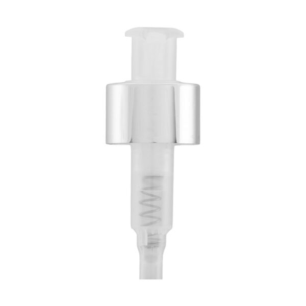 Válvula Pump Natural com Prata Luxo 28/410, perfeita para garantir precisão na dosagem e agregar sofisticação à sua embalagem. Ideal para cosméticos e líquidos.