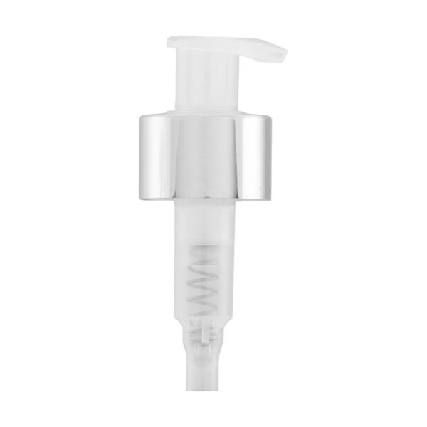 Válvula Pump Natural com Prata Luxo 28/410, perfeita para garantir precisão na dosagem e agregar sofisticação à sua embalagem. Ideal para cosméticos e líquidos.