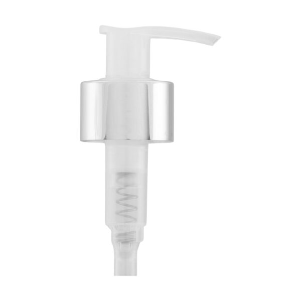 Válvula Pump Natural com Prata Luxo 28/410, perfeita para garantir precisão na dosagem e agregar sofisticação à sua embalagem. Ideal para cosméticos e líquidos.