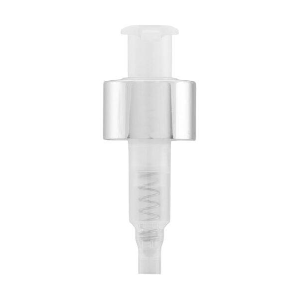 Válvula Pump Branca com Prata Luxo 28/410, perfeita para garantir precisão na dosagem e agregar sofisticação à sua embalagem. Ideal para cosméticos e líquidos.