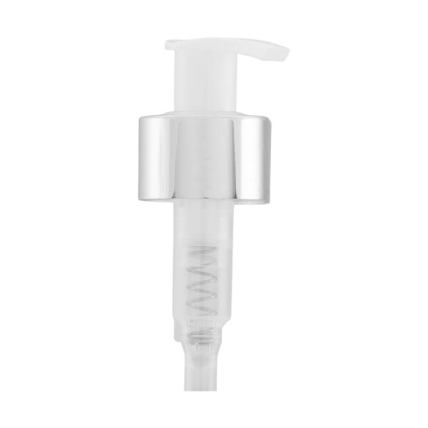 Válvula Pump Branca com Prata Luxo 28/410, perfeita para garantir precisão na dosagem e agregar sofisticação à sua embalagem. Ideal para cosméticos e líquidos.