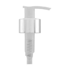 Válvula Pump Branca com Prata Luxo 28/410, perfeita para garantir precisão na dosagem e agregar sofisticação à sua embalagem. Ideal para cosméticos e líquidos.