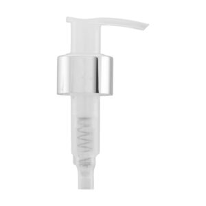 Válvula Pump Branca com Prata Luxo 24/410, perfeita para garantir precisão na dosagem e agregar sofisticação à sua embalagem. Ideal para cosméticos e líquidos.